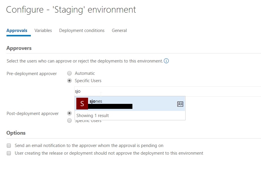 On the Configure – ‘Staging’ environment page, on the Approvals tab under Approvers, the Specific Users radio button is selected for Pre-deployment approver, and sjones is selected.